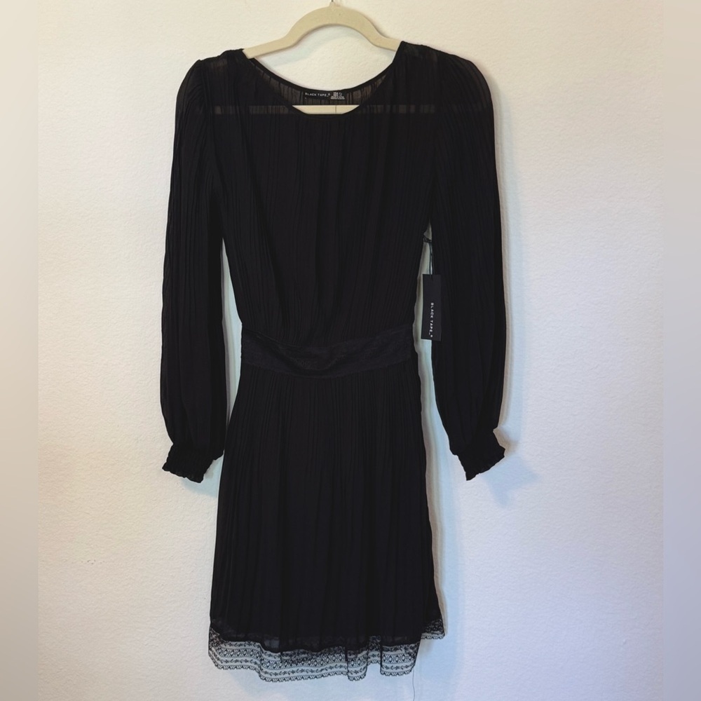 Black Tape NEW Pleated Long Sleeve Black Cocktail Party Dress with Lace- Size XS - Picture 2 of 7